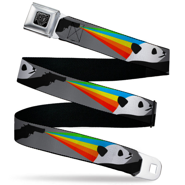 Buckle-Down BD Wings Logo CLOSE-UP Black/Silver Seatbelt Belt - Panda Shooting Rainbow Rays Gray/Black/White/Mutli Color Webbing