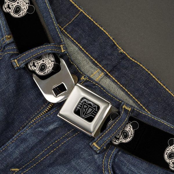 Buckle-Down BD Wings Logo CLOSE-UP Black/Silver Seatbelt Belt - Panda Bear Sugar Skull Black/Cream Webbing