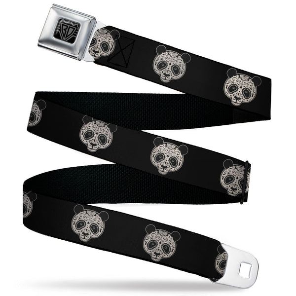 Buckle-Down BD Wings Logo CLOSE-UP Black/Silver Seatbelt Belt - Panda Bear Sugar Skull Black/Cream Webbing