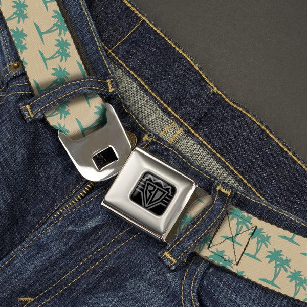 Buckle-Down BD Wings Logo CLOSE-UP Black/Silver Seatbelt Belt - Palm Trees Silhouette Monogram Tan/Turquoise Webbing