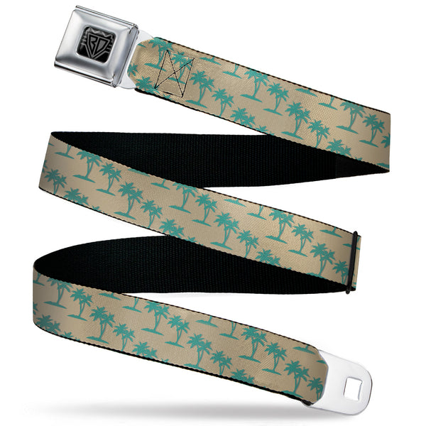 Buckle-Down BD Wings Logo CLOSE-UP Black/Silver Seatbelt Belt - Palm Trees Silhouette Monogram Tan/Turquoise Webbing