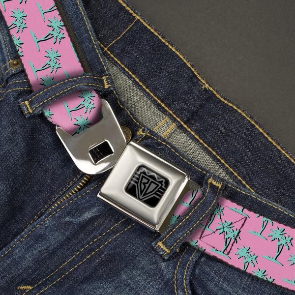 Buckle-Down BD Wings Logo CLOSE-UP Black/Silver Seatbelt Belt - Palm Trees Silhouette Monogram Pink/Turquoise Webbing