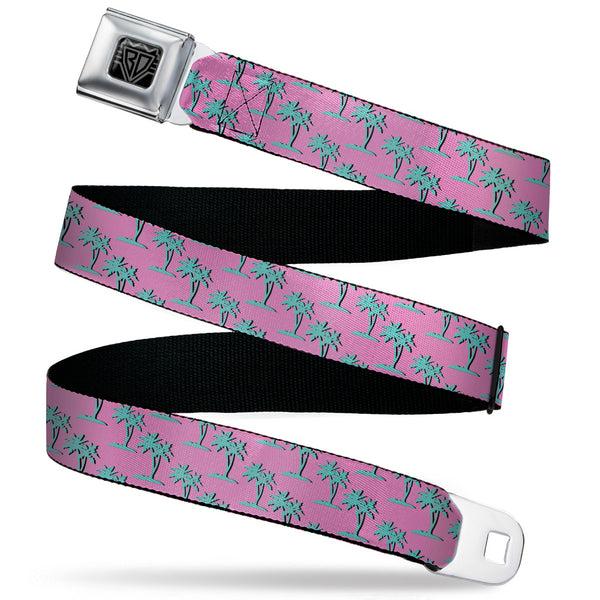 Buckle-Down BD Wings Logo CLOSE-UP Black/Silver Seatbelt Belt - Palm Trees Silhouette Monogram Pink/Turquoise Webbing
