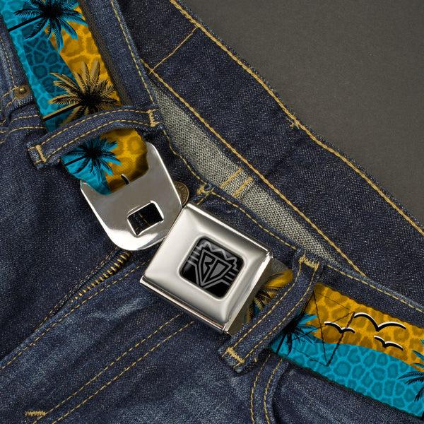 Buckle-Down BD Wings Logo CLOSE-UP Black/Silver Seatbelt Belt - Palm Trees & Gulls Leopard Brown/Blue Webbing