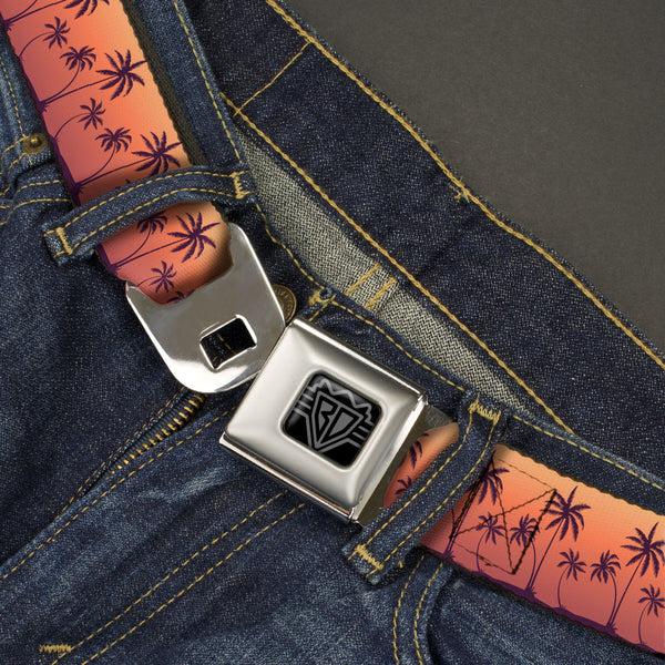 Buckle-Down BD Wings Logo CLOSE-UP Black/Silver Seatbelt Belt - Palm Treeline Silhouette Sunset Fade/Purple Webbing