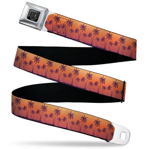 Buckle-Down BD Wings Logo CLOSE-UP Black/Silver Seatbelt Belt - Palm Treeline Silhouette Sunset Fade/Purple Webbing