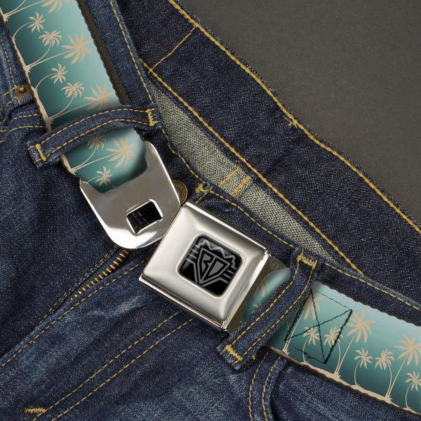 Buckle-Down BD Wings Logo CLOSE-UP Black/Silver Seatbelt Belt - Palm Treeline Silhouette Aqua Fade/Tan Webbing