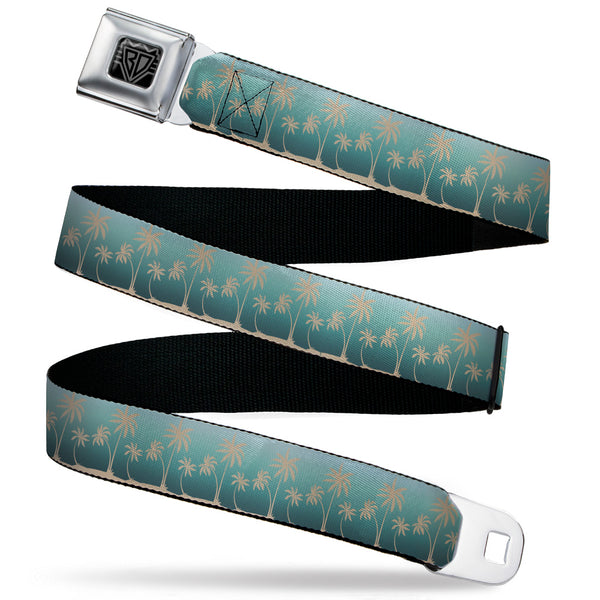 Buckle-Down BD Wings Logo CLOSE-UP Black/Silver Seatbelt Belt - Palm Treeline Silhouette Aqua Fade/Tan Webbing