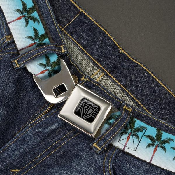 Buckle-Down BD Wings Logo CLOSE-UP Black/Silver Seatbelt Belt - Palm Tree Skyline Webbing