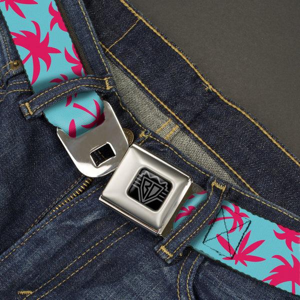 Buckle-Down BD Wings Logo CLOSE-UP Black/Silver Seatbelt Belt - Palm Tree Silhouette4 Scattered Aqua/Pink Webbing