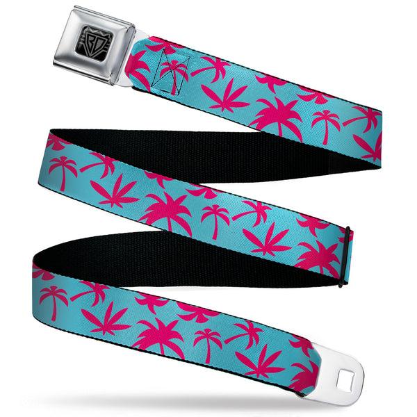 Buckle-Down BD Wings Logo CLOSE-UP Black/Silver Seatbelt Belt - Palm Tree Silhouette4 Scattered Aqua/Pink Webbing