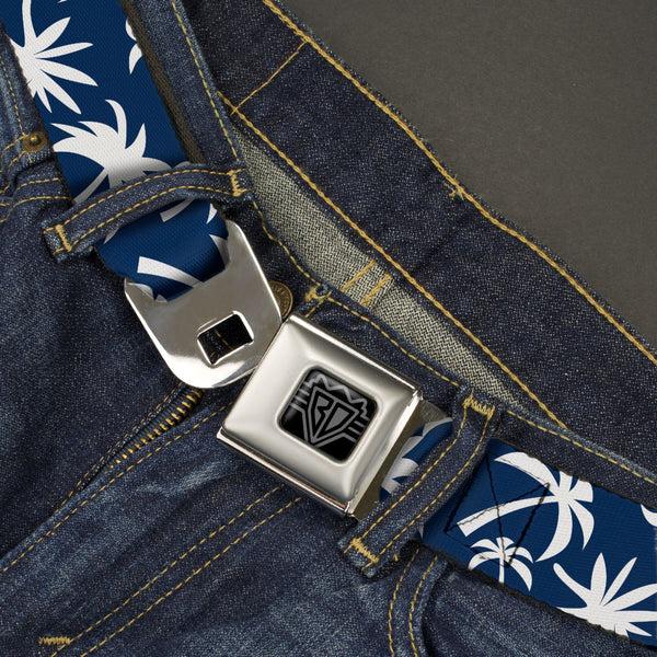 Buckle-Down BD Wings Logo CLOSE-UP Black/Silver Seatbelt Belt - Palm Tree Silhouette2 Scattered Navy/White Webbing