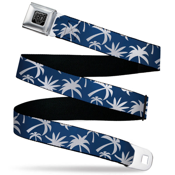 Buckle-Down BD Wings Logo CLOSE-UP Black/Silver Seatbelt Belt - Palm Tree Silhouette2 Scattered Navy/White Webbing