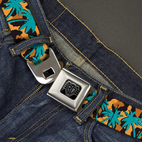Buckle-Down BD Wings Logo CLOSE-UP Black/Silver Seatbelt Belt - Palm Tree Silhouette Leopard Brown/Turquoise Webbing