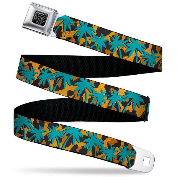 Buckle-Down BD Wings Logo CLOSE-UP Black/Silver Seatbelt Belt - Palm Tree Silhouette Leopard Brown/Turquoise Webbing