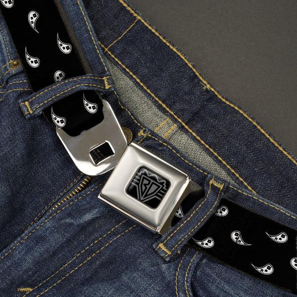Buckle-Down BD Wings Logo CLOSE-UP Black/Silver Seatbelt Belt - Paisley Buta Ornament Black/White Webbing