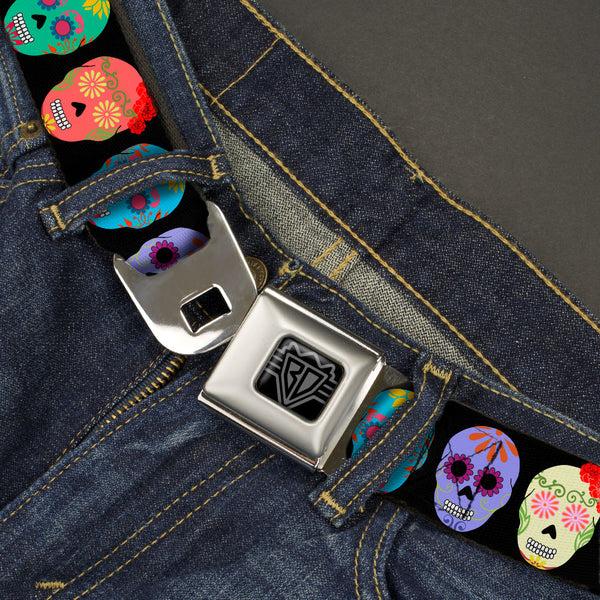 Buckle-Down BD Wings Logo CLOSE-UP Black/Silver Seatbelt Belt - Painted Sugar Skulls Black/Multi Color Webbing