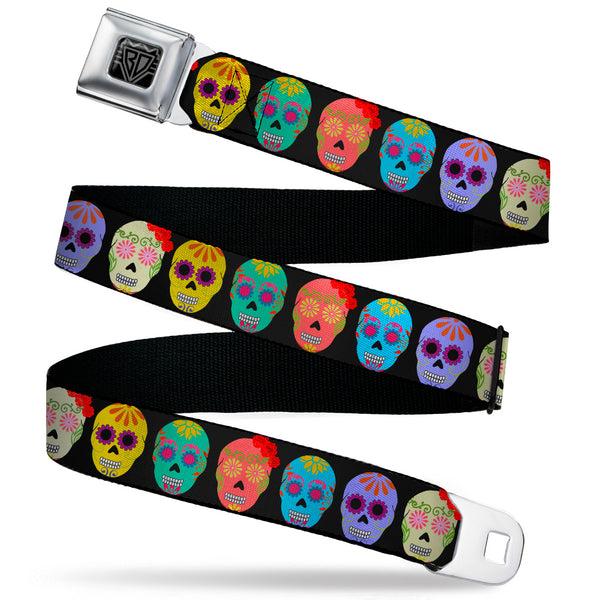 Buckle-Down BD Wings Logo CLOSE-UP Black/Silver Seatbelt Belt - Painted Sugar Skulls Black/Multi Color Webbing