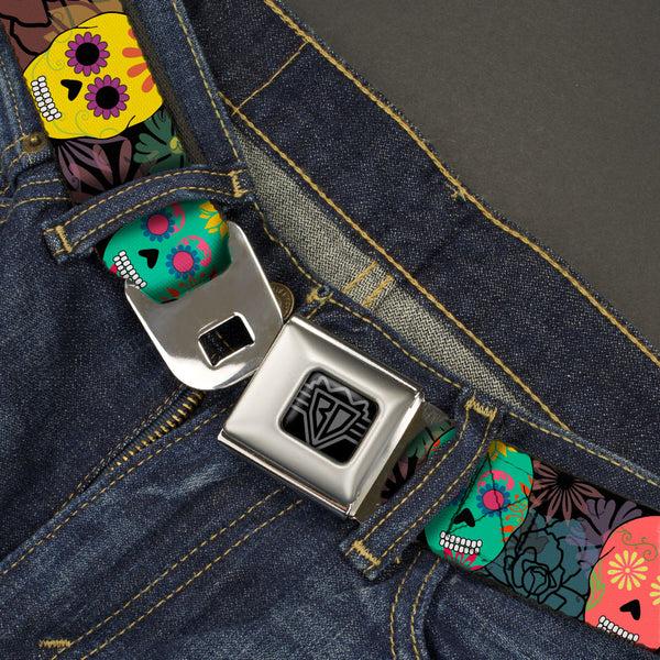 Buckle-Down BD Wings Logo CLOSE-UP Black/Silver Seatbelt Belt - Painted Sugar Skulls & Flowers Collage Webbing