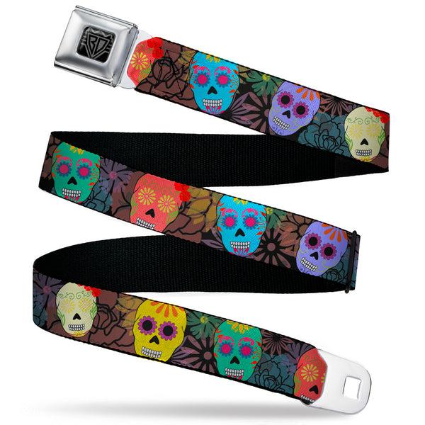 Buckle-Down BD Wings Logo CLOSE-UP Black/Silver Seatbelt Belt - Painted Sugar Skulls & Flowers Collage Webbing