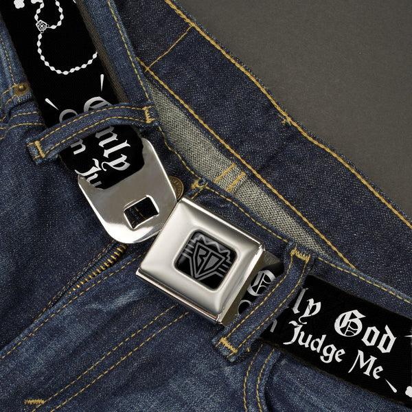 Buckle-Down BD Wings Logo CLOSE-UP Black/Silver Seatbelt Belt - ONLY GOD CAN JUDGE ME Old English/Rosary Black/White Webbing