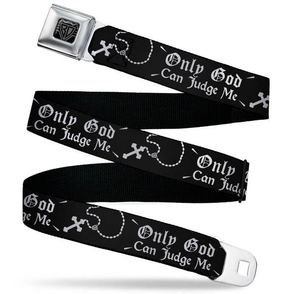 Buckle-Down BD Wings Logo CLOSE-UP Black/Silver Seatbelt Belt - ONLY GOD CAN JUDGE ME Old English/Rosary Black/White Webbing