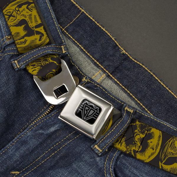 Buckle-Down BD Wings Logo CLOSE-UP Black/Silver Seatbelt Belt - Old World Coinage Black/Golden Yellow Webbing