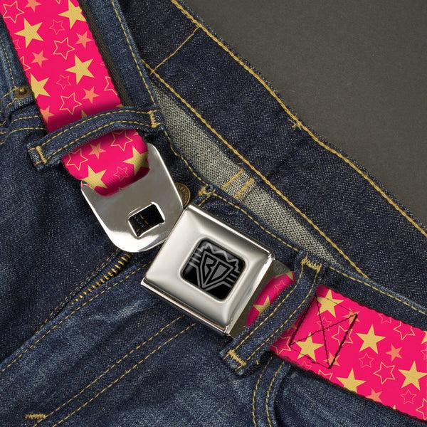 Buckle-Down BD Wings Logo CLOSE-UP Black/Silver Seatbelt Belt - Mini Star Assortment Hot Pink/Pinks/Yellow Webbing