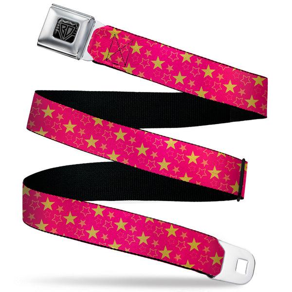 Buckle-Down BD Wings Logo CLOSE-UP Black/Silver Seatbelt Belt - Mini Star Assortment Hot Pink/Pinks/Yellow Webbing