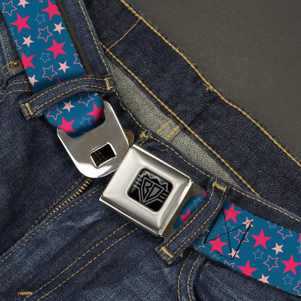Buckle-Down BD Wings Logo CLOSE-UP Black/Silver Seatbelt Belt - Mini Star Assortment Blue/Pinks Webbing