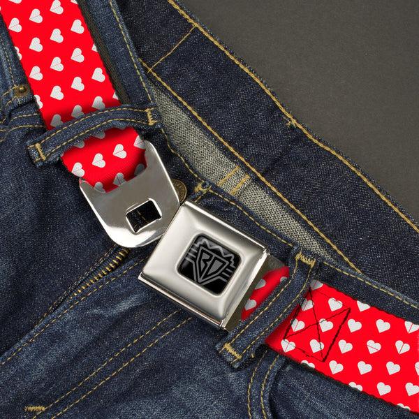 Buckle-Down BD Wings Logo CLOSE-UP Black/Silver Seatbelt Belt - Mini Hearts Monogram Red/White Webbing
