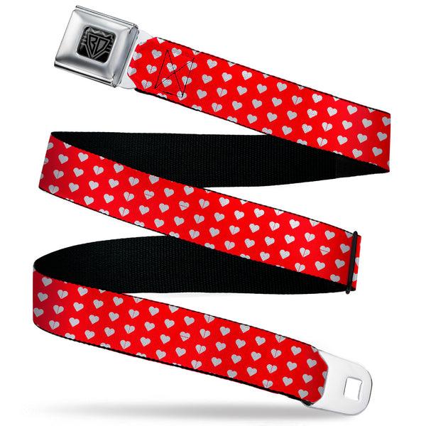 Buckle-Down BD Wings Logo CLOSE-UP Black/Silver Seatbelt Belt - Mini Hearts Monogram Red/White Webbing