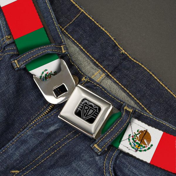 Buckle-Down BD Wings Logo CLOSE-UP Black/Silver Seatbelt Belt - Mexico Flag Continuous Webbing