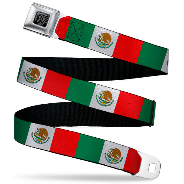 Buckle-Down BD Wings Logo CLOSE-UP Black/Silver Seatbelt Belt - Mexico Flag Continuous Webbing