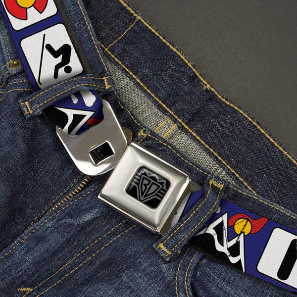 Buckle-Down BD Wings Logo CLOSE-UP Black/Silver Seatbelt Belt - I HEART COLORADO SKIING Logos/Mountain Webbing