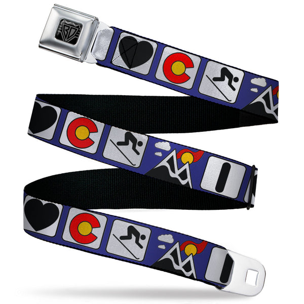Buckle-Down BD Wings Logo CLOSE-UP Black/Silver Seatbelt Belt - I HEART COLORADO SKIING Logos/Mountain Webbing