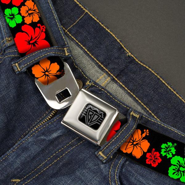 Buckle-Down BD Wings Logo CLOSE-UP Black/Silver Seatbelt Belt - Hibiscus Flowers Black/Green/Red/Orange Webbing