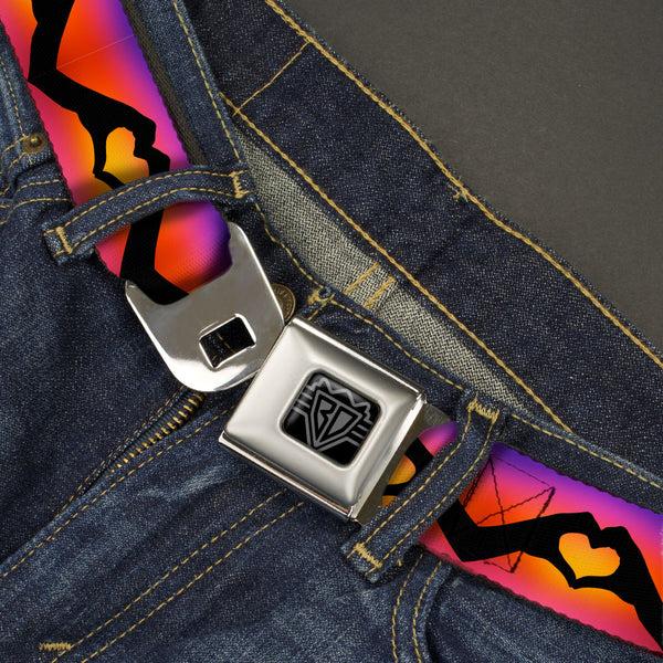 Buckle-Down BD Wings Logo CLOSE-UP Black/Silver Seatbelt Belt - Hand Heart Silhouette Ombre Purples/Orange/Pinks Webbing