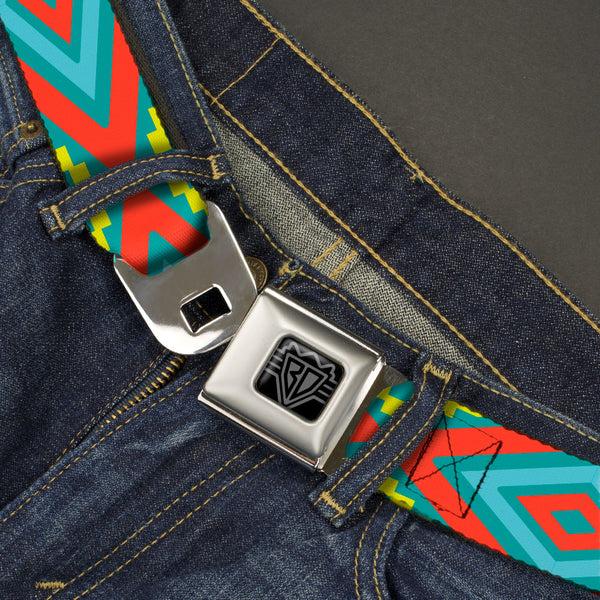 Buckle-Down BD Wings Logo CLOSE-UP Black/Silver Seatbelt Belt - Geometric Diamonds Turquoise Blues/Orange/Yellow Webbing