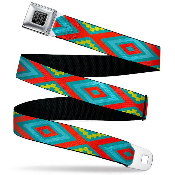 Buckle-Down BD Wings Logo CLOSE-UP Black/Silver Seatbelt Belt - Geometric Diamonds Turquoise Blues/Orange/Yellow Webbing