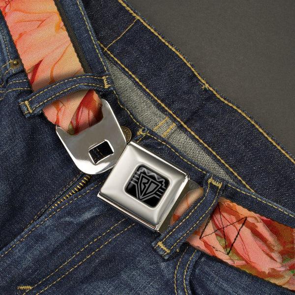 Buckle-Down BD Wings Logo CLOSE-UP Black/Silver Seatbelt Belt - Floral Collage3 Black/Multi Color Webbing