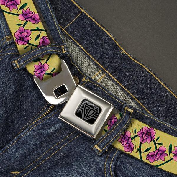Buckle-Down BD Wings Logo CLOSE-UP Black/Silver Seatbelt Belt - Floral Chain Yellow Webbing