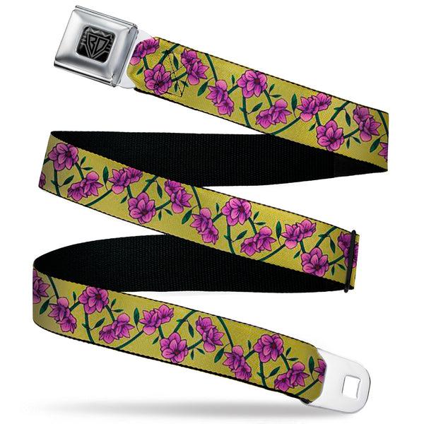 Buckle-Down BD Wings Logo CLOSE-UP Black/Silver Seatbelt Belt - Floral Chain Yellow Webbing