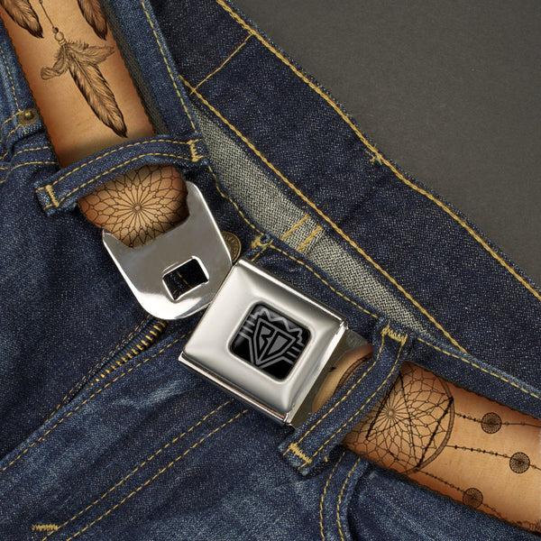 Buckle-Down BD Wings Logo CLOSE-UP Black/Silver Seatbelt Belt - Dream Catcher Tan/Black Webbing