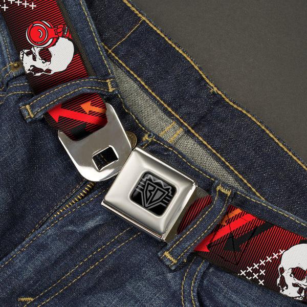 Buckle-Down BD Wings Logo CLOSE-UP Black/Silver Seatbelt Belt - DJ Skulls Up/Down Black/Red Webbing