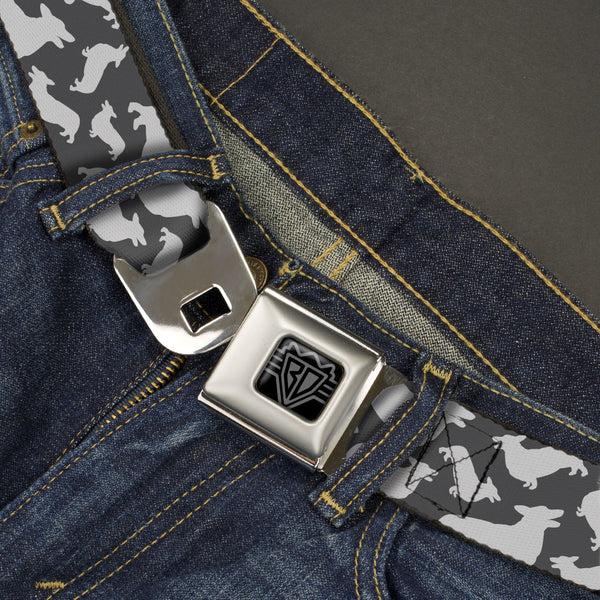 Buckle-Down BD Wings Logo CLOSE-UP Black/Silver Seatbelt Belt - Corgi Silhouette Poses Grays Webbing