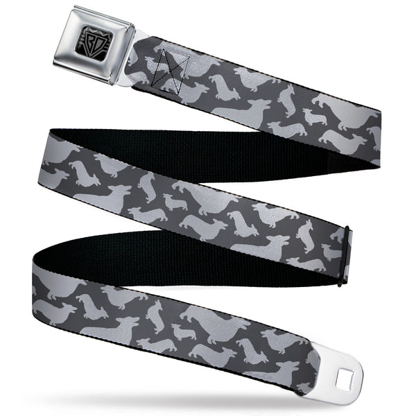 Buckle-Down BD Wings Logo CLOSE-UP Black/Silver Seatbelt Belt - Corgi Silhouette Poses Grays Webbing