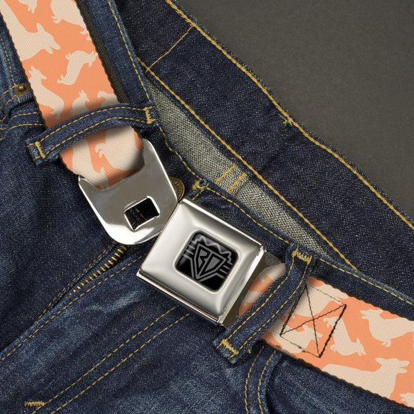 Buckle-Down BD Wings Logo CLOSE-UP Black/Silver Seatbelt Belt - Corgi Silhouette Poses Golden Tan Webbing