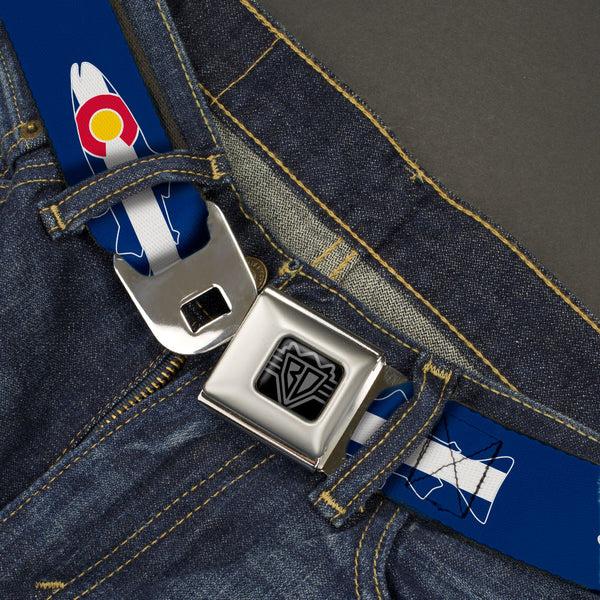 Buckle-Down BD Wings Logo CLOSE-UP Black/Silver Seatbelt Belt - Colorado Trout Flag/Snowy Mountains Blues/White/Red/Yellow Webbing
