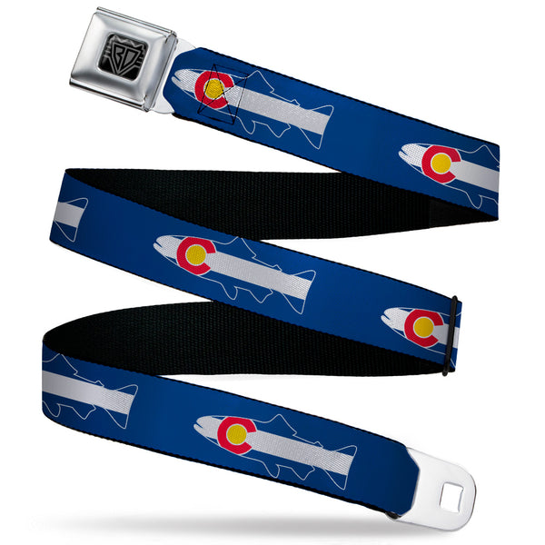 Buckle-Down BD Wings Logo CLOSE-UP Black/Silver Seatbelt Belt - Colorado Trout Flag/Snowy Mountains Blues/White/Red/Yellow Webbing